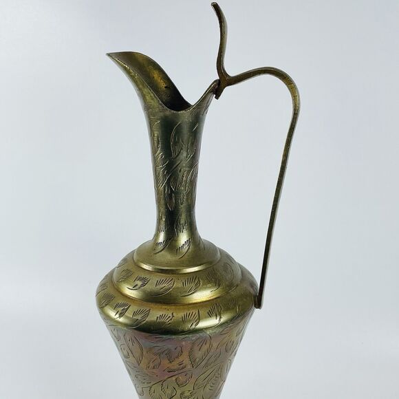 Vintage Etched Brass Ewer Urn Vase Pitcher Jug Cobra Handle Ornate 12in - Picture 7 of 8